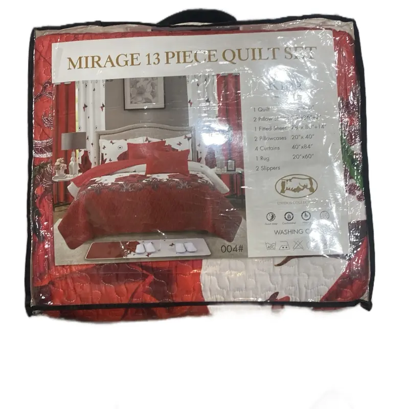 Mirage 13 Piece Quilt Set King Size Birding Red Bedding Set with Quilt Pillowcases Fitted Sheet & Slippers