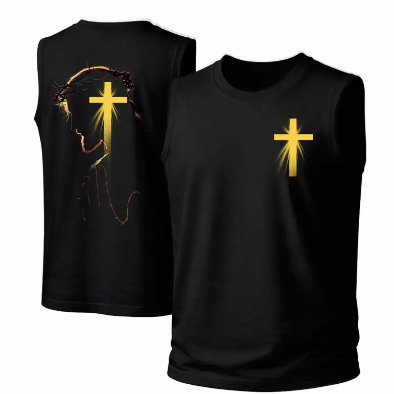 Men’s Cotton Casual Sleeveless Tank Top - Punk Style Crew Neck Muscle Garment, Breathable Lightweight Fabric, Golden Cross & Jesus Graphic Print, Menswear for Outdoor Gym, Daily Wear, Unisex, Round Neck, Retro