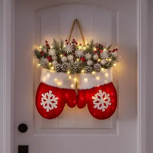 Christmas Glove Wreath with 20 LED Lights, Christmas Wreath for Front Door with Artificial Pine Branches, Red Berries, and Frosted Pine Cones, Suitable for Indoor/Outdoor Decoration, Used for Christmas Tree, Wall Decoration