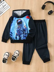 Boys' Space Astronaut Hoodie and Pants Set, Digital Print, Fall & Winter, Ages 8-16, Casual Sportswear, 2 Piece