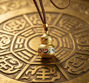 Vintage Cloisonne Enamel Calabash Talisman, 18K Gold Plated Taoist Blessing Protection Necklace