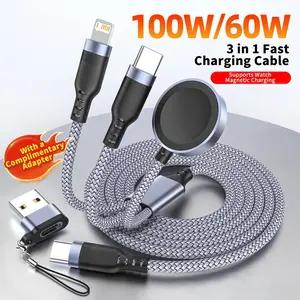 Apple Watch Charger 3-in-1 Aluminium Alloy Cable: Magnetic Wireless Charging Station for iPhone Lightning & Apple Watch with Type-C Car Adapter