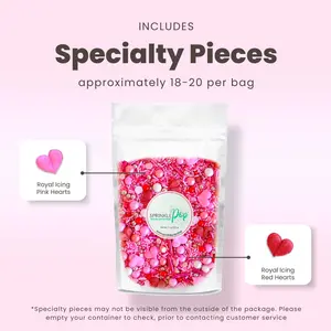 Stupid Cupid Sprinkle Mix - Pastel Blend of Soft Pink Coral Red Sprinkles with Hot Pink Silver Metallic Dragees & Royal Icing Heart Pieces