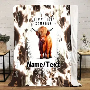 Personalized Highland Cow Flannel Blanket - Custom Name/Text, West Highland Cow and Geometric Pattern, All-Season Soft and Comfortable, Modern Home Decor, Birthday Gift, Cozy Living Room, Fashionable Decoration, Premium Materials, High-Quality Blanket, Cu