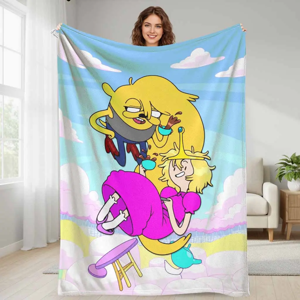 Flannel Fabric Fantasy Cartoon Throw Blanket - Cute Floating Princess & Yellow Dog Print, Wrinkle Resistant, Breathable, Soft, Multi-Size, Indoor/Outdoor for Sofa Bedroom Gift