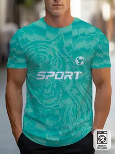 Men's Sporty Short Sleeve T-Shirt, Tiger Print Design, Breathable Quick-Dry Top, Casual Fitness Wear, Fitted H-Type Long Tee