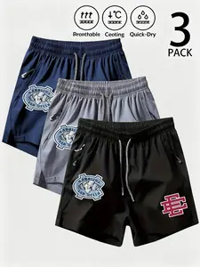3-Pack Men's North Carolina Tar Heels Print Ice Silk Quick-Dry Shorts, Loose Drawstring Zip Pockets, Breathable Lightweight, All Seasons