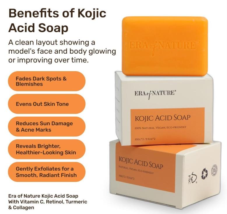 era of nature Turmeric Kojic Acid Soap with Vitamin C – Gentle Brightening Bar for Face Underarms Bikini Area and Body – Moisturizing Shea Butter – 2 Pack 200g