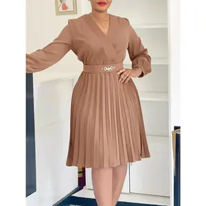European and American office professional V-neck foldable high waisted African banquet party evening dress fashionable women's work clothes comfortable basic long sleeved