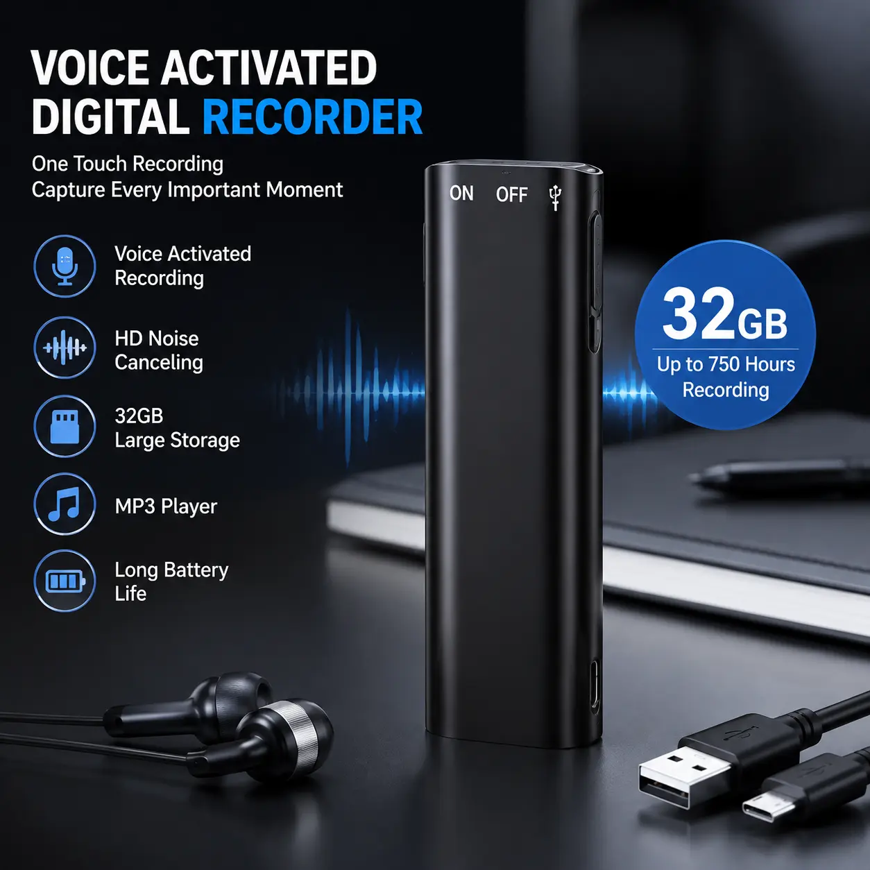 Mini Voice Activated Digital Recorder, HD Noise Reduction Audio Recorder with One-Touch Recording, MP3 Playback, USB Data Transfer, Earphones & Cable for Meetings, Lectures and Interviews