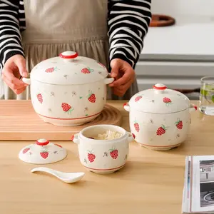 Strawberry Pattern Durable Ceramics Steaming Egg Bowl Set, Covered Soup Bowl for Kitchen Cooking, Rice Porridge & Corn Stew Dishes, Covered Bowls