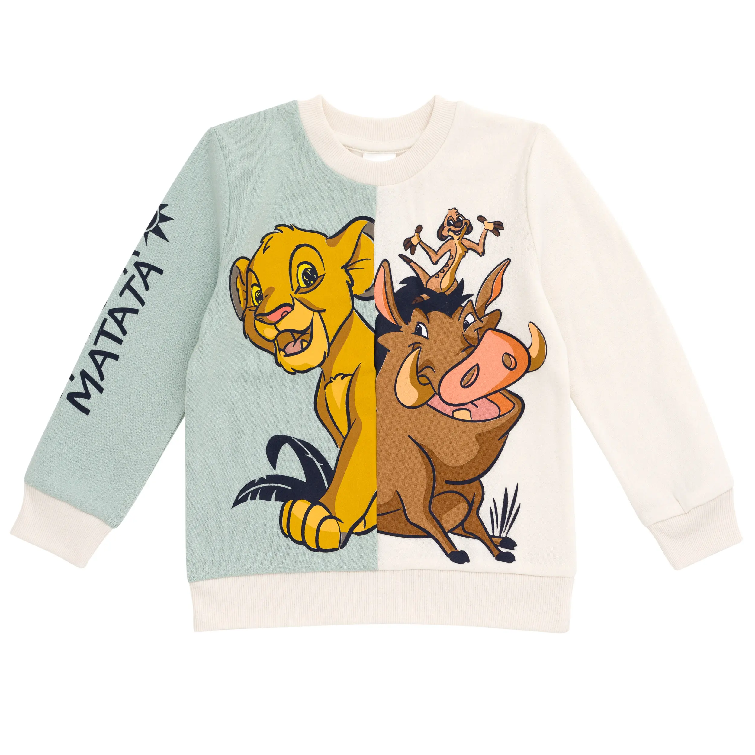 Disney Lion King Boys' Graphic Crewneck Pullover - Simba & Pumbaa Print, Colorblock Split Design, Green, Toddler to Big Kid (4t, 5t, 4-5 Years), Character Art, Long Sleeve Shirt, Graphic Print, Round Neck, 3T