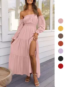 Boho Sexy Off-Shoulder Dress, Summer, Ruched Side Split Long Skirt, One-Shoulder Puff Sleeve, Waist Cinch Slimming Layered Cake Dress