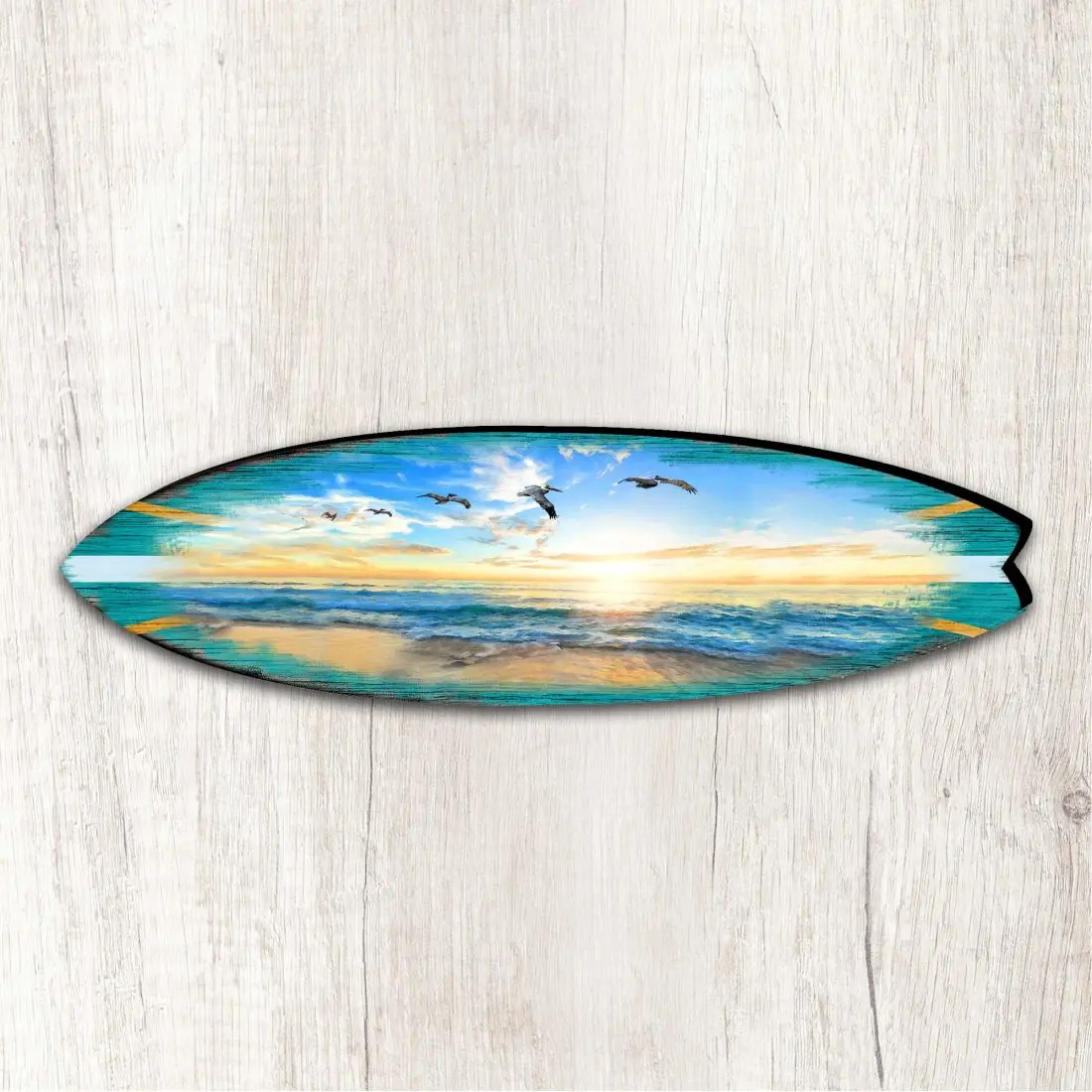 Designocracy 8490103MS 20x5.5 in. Sturdy Plywood Hanging Sunset Surfboard Coastal Decoration - Large Hangable Easy-Install Surf Theme Decor for Wall/Tree, Christmas Ornament