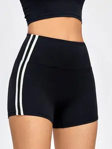 Women's Solid Color Side Stripe High Waist Sports Shorts, Quick Drying Tummy Control Butt Lifting Skinny Shorts for Gym Workout Running, Ladies Sportswear for All Seasons