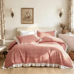 3Pcs Pink Orange Plaid Bedding Set with Ruffle Design, 1 Duvet Cover + 2 Pillowcases, No Filler, Soft Comfortable Fabric for Bedroom Decor