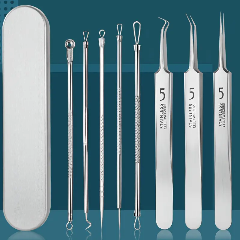 Set of 8 Blackhead Tools - Stainless Steel Blemish And Extractor Tools - Professional Squeezer Set for All Skin Types with Carrying Case - Fragrance-Free Facial Tools