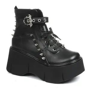 CYNLLIO Womens Gothic Ankle Platform Boots Round Toe with Studs Zipper Lace up Chunky Heel Halloween Booties Shoes Rivora Shoes
