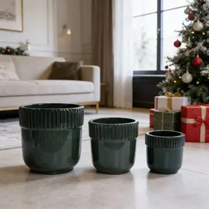 ARCH Handmade Ceramic Planter Set of 3, 15/14/9 Inch Diameter, Black Ribbed Pattern, for Succulents Indoor/Outdoor Use on Windowsill & Bookshelf, Breathable Clay