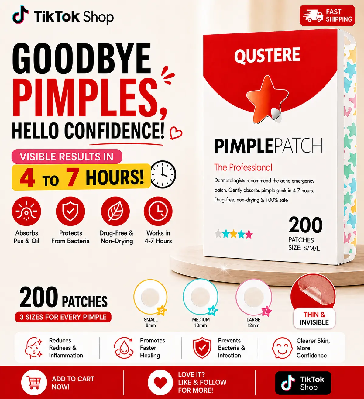 Qustere Pimple Patch - 200 Patches for Acne Treatment - Absorbs Pus & Oil - Drug-Free & Non-Drying - Visible Results in 4-7 Hours - 3 Sizes for Every Pimple - Thin & Invisible