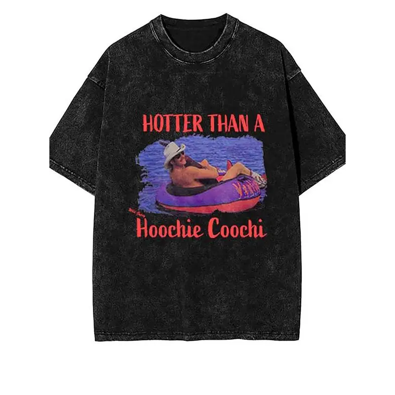 Unisex vintage 90s country 'Hoochie Coochi' pattern T-shirt - funny Alan Jackson inspired design, distressed vintage wash cotton short-sleeve casual summer T-shirt, black and red-white print, vintage T-shirt