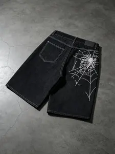 Dark Style Spider Embroidered Jean Shorts, Men's Vintage Wide Leg Knee-Length Jorts, Loose-Fit Oversized Streetwear Jeans