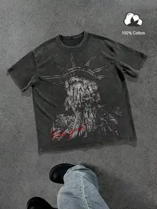 Men's Vintage New York Print T-Shirt, Aesthetic Top, 100% Cotton, Statue of Liberty Retro Print, Casual Streetwear, Daily Style, Y2K Nostalgia