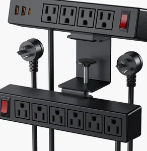 Dual Layer Desk Clamp Power Strip Surge Protector, Under Desk Power Strip with 10AC Outlets & 3 USB(20W USB-C), Desktop Edge Mount Charging Station, 15 Ft Extension Cord for Office Home (ETL Listed)
