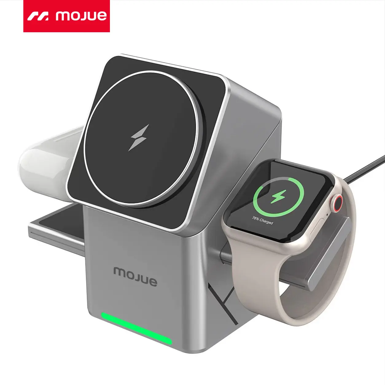 MOJUE 15W 3 in 1 Wireless Charging Station with Qi2 Certified Rotating Stand, Foldable MagSafe Compatible Charger Dock for iPhone 17/16/15/14/13/12 Series, Apple Watch and AirPods, USB-C Cable Included
