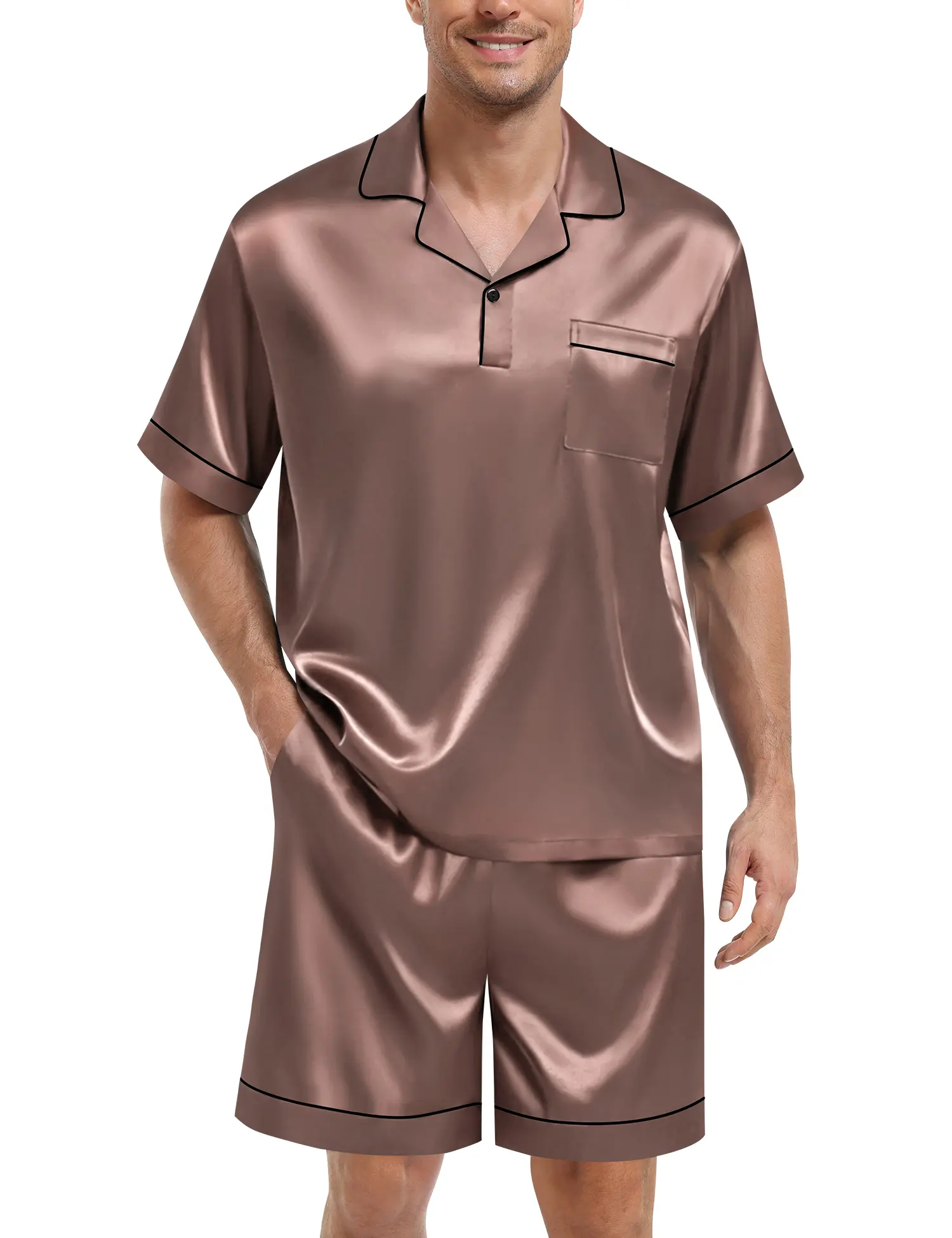 SWOMOG Men's Satin 2-Piece Short Sleeve Pajama Set - Comfy Fits, Elastic Waist, Pockets, Soft Silky Smooth Polyester, US Small, Hand Washable Mens Loungewear for Birthday Gifting