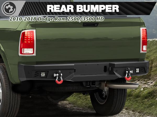 Rear Back Bumper w/Lights for 2010-2018 Dodge Ram  2500/3500HD, 2010 2011 2012 2013 2014 2015 2016 2017 2018  Ram Truck Steel Rear Bumper w/LED Lights, D-rings