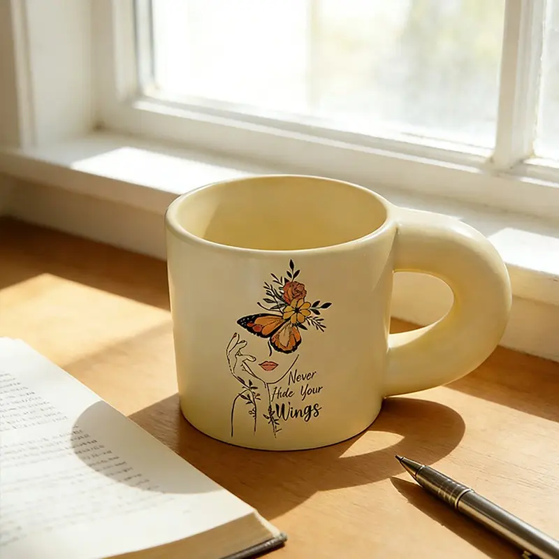 Never Hide Your Wings - Butterfly Mug | Aesthetic Cream Ceramic Coffee Cup, Inspirational Gift for Her, Boho Home & Office Drinkware