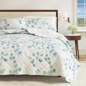 Floral Quilt Set - 3- /California  Size Spring Bedding Set - Lightweight, -Season, Reversible Bedspread (Blue/Green)