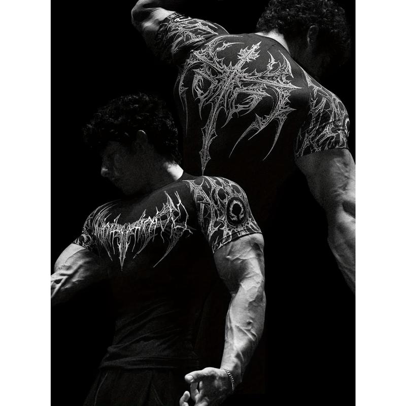 Men's Compression Short Sleeve T Shirt S XXL High Elasticity Muscle Fitness Shirt Unisex Black Tight fitting Red Geometric Muscle Texture Quick drying Moisture wicking for Workouts Yoga Beach Gym Tees Athletic Apparel