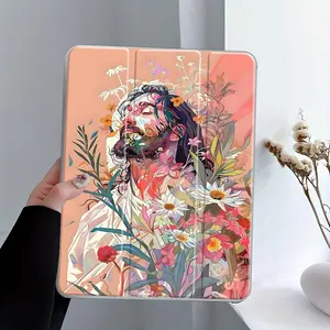 God Flower Art Illustration iPad Folio Case with Pencil & Charger Slots, Fits iPad 10.2, Mini, Pro, Air, Slim Shock-Proof Cover for Work & School