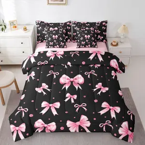 Feelyou 7-Pc Microfiber Bedding Set - Pink and Black Coquette Ribbon Bow Comforter, Fitted & Flat Sheets, Princess-Style Girly Bed Set for Girls