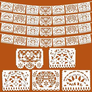 White Papel Picado Banner, 33ft Plastic Mexican Flag with 5 Designs, Fiesta Decorations for Cinco de Mayo, Cielito Lindo  Shower Wedding Dia de Los Muertos Day of the  Party Decorations