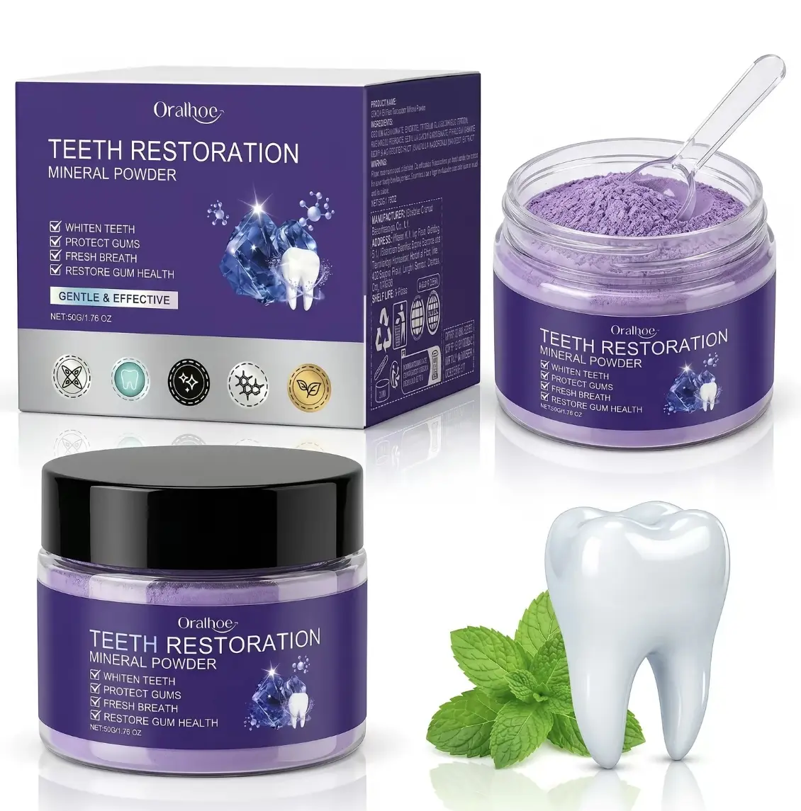 Purple Mineral Tooth Powder for Gentle Daily Cleaning, Lavender Mint Flavor, Enamel-Safe Surface Stain Care, Travel Size 1.76 oz, Fresh Breath, Mint Extract