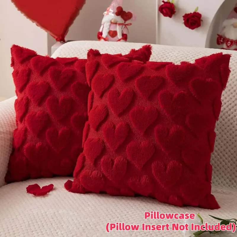 Valentines Pillow Covers 18x18 inch Set of 2 Valentines Day Decoration Red Heart Soft Plush Faux Fur Jacquard Throw Pillows for Bedroom Sofa Holiday Festivals Home Decor