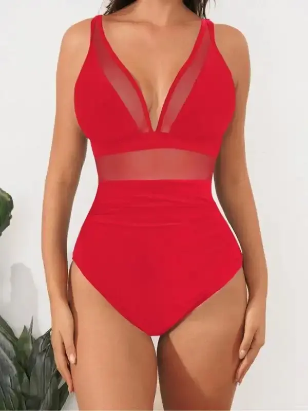 Sam Louise Collection Women's Plain Mesh V Neck One-piece Swimsuit, Casual Sleeveless Swimwear for Summer, Gym Outfits, Ladies Swimsuit for Beach Holiday Vacation, Back To School, Curve Swimwear Uk, Valentine's Day Gift, Training Swimsuit