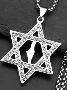 Israel Map Hexagram Magen Star of David Bling Pendant Necklace for Men Women Stainless Steel Hollow Rhinestones Chain