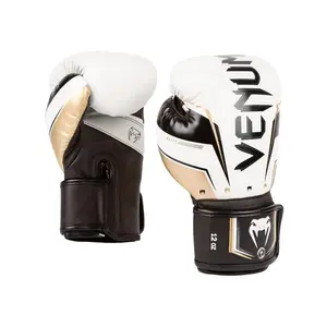 Venum Elite Evo Boxing Gloves - White/Gold with Four Layers of Foam and Imported Microfiber for Durable Protection