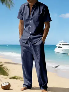 Men's All-Season Linen Two-Piece Co-Ord, Short Sleeve Button-Up Shirt + Drawstring Trousers, Comfortable Tropical Casual Wear for Home, Travel, Daily Life