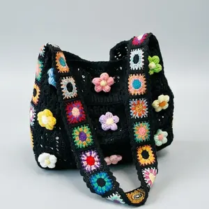 Women's Large-Capacity Openwork Knit Shoulder Bag, Floral Patterned Yarn Tote for Beach, Commuter Use (Sports & Outdoor Gym Accessory)