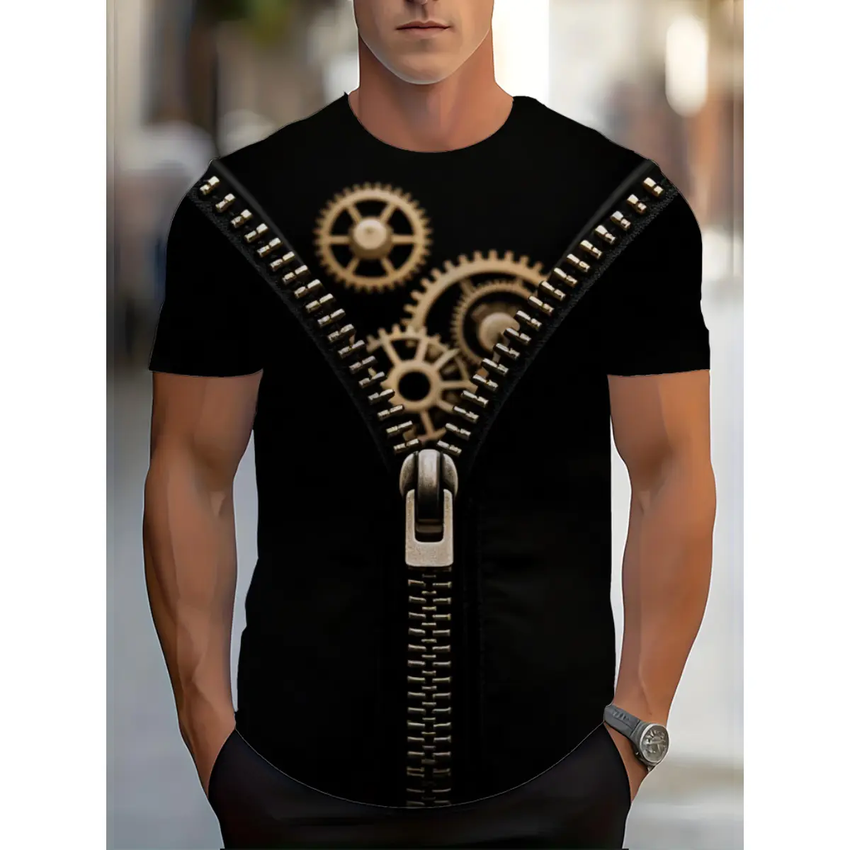 Men's Steampunk T-Shirt, Colorful 3D Gear Print, Casual Streetwear Style, Short-Sleeve Polyester, Relaxed Fit Round Neck, Shortsleeve, Menswear, Stylish, Steampunk Look, Clothes