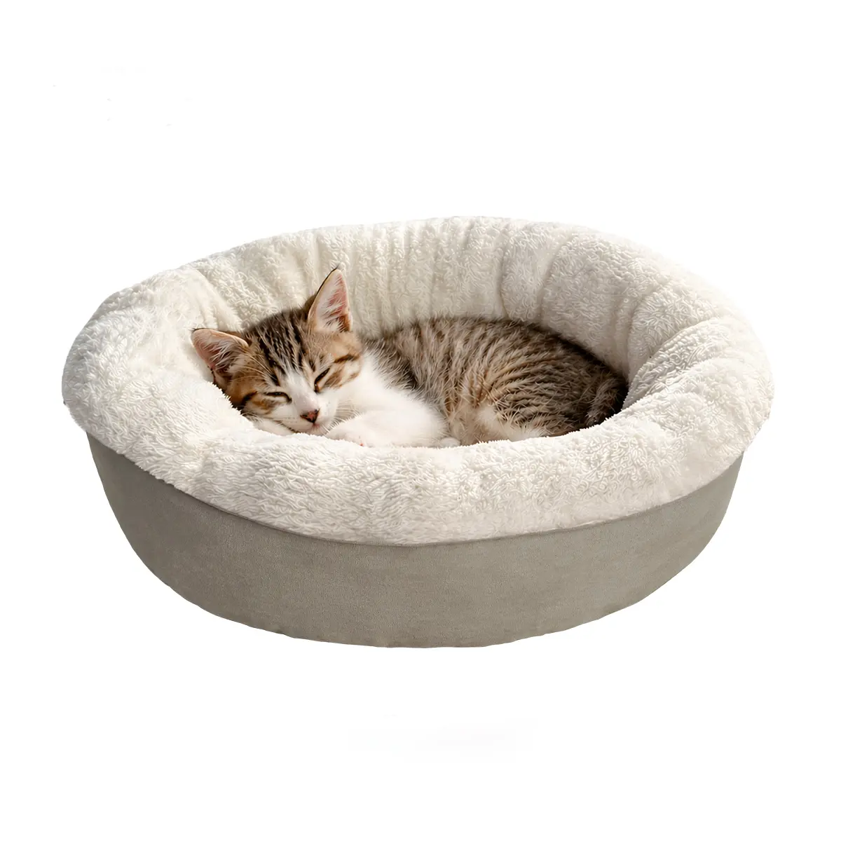 XAKING Round Donut Kitten Bed - Cozy Kitten Condo, 1-Piece Soft Suede & Cloud-Like Premium Flannel, Cold Water Machine Washable, High-Density Padding, Raised Rim Neck Support, Nonslip Base, 19.7"x19.7"x5.9" & 25"x25"x8", All Seasons Ideal Gift