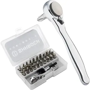 32 in 1 Ratchet  Bit Set with Right Angle Offset 1/4" High Torque Driver Handle, Socket Adapter, Extension Bit Holder, S2 Multi Bits for Ratchet Wrench,
