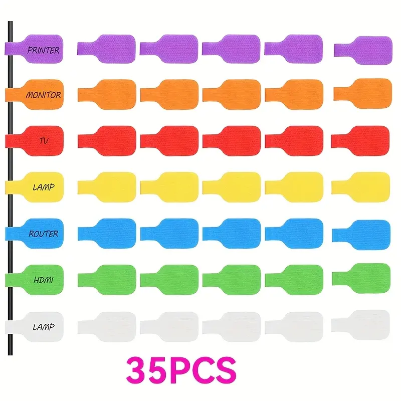 35 large cable labels-self-adhesive, no residue, multi-color-for desktop, office, home, studio-organize wires, keys, chargers, power adapters-reusable wire management labels, PC accessories, charger protectors, office accessories