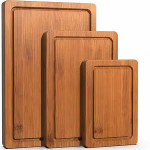 3-Piece Set Bamboo Cutting Board for Kitchen - Crack-Resistant Wood Chopping Boards with Deep Juice Grooves, Pre-Oiled Butcher Block for Meat, Vegetables & Cheese, Carbonized