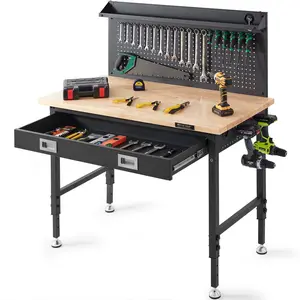 fathersdaygift VEVOR Workbench Adjustable Height 28-39.5 Work Bench For Garage Oak Plank Carbon Steel Heavy Duty Workbench 2000lbs Weight Capacity Bench top Size 48x24 Hardwood Workbench 3m Cable 30 Hooks